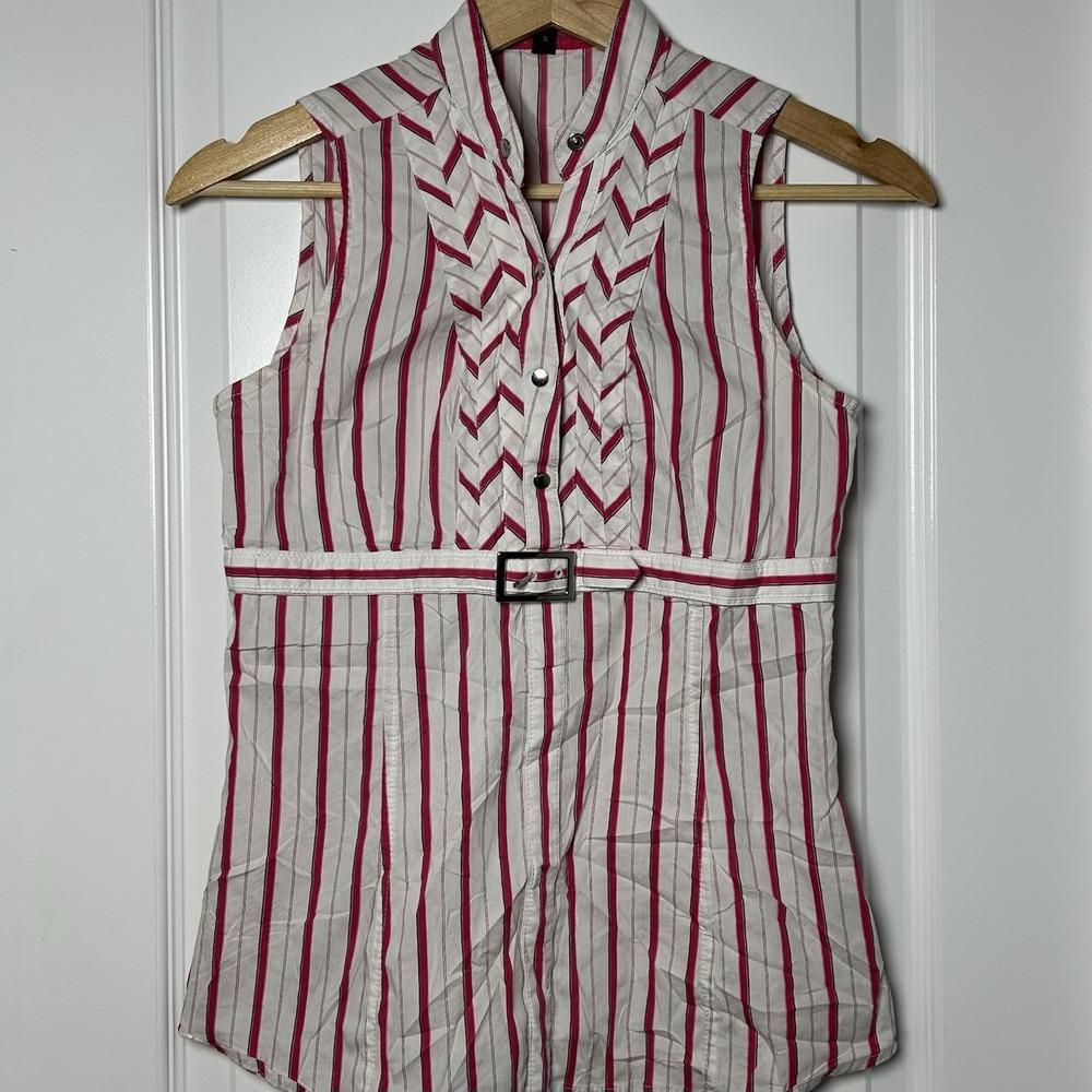 Express Design Studio Vintage Y2K White Hot Pink Stripe Belted Sleeveless Blouse